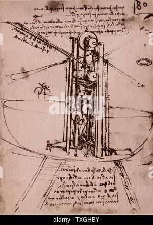 Schizzo di una macchina volante di Leonardo da Vinci, circa 1495. Foto Stock