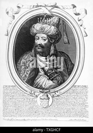 Abdul Muhi Muzaffar-ud-din Muhammad Aurangzeb (14 ottobre 1618 ñ 20 febbraio 1707), comunemente noto come Alamgir Aurangzeb e dal suo titolo imperiale Alamgir ("mondo-seizer' o 'universo-seizer") e semplicemente indicata come Aurangzeb fu il sesto imperatore Mughal e governato la maggior parte del subcontinente indiano durante alcune parti del suo regno. Il suo regno durò per 49 anni dal 1658 fino alla sua morte nel 1707. Foto Stock