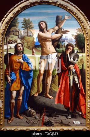 Pittura intitolato "aints Sebastian, Roch e Demetrio' da Ortolano (1480-1525) un pittore italiano della scuola di Ferrara. Datata XVI Secolo Foto Stock