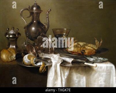 Pittura intitolato 'Still vita: peltro e d'Argento e un granchio' da Willem Claesz. Heda (1594-1680) un olandese Golden Age pittore. Risalenti al XVII secolo Foto Stock