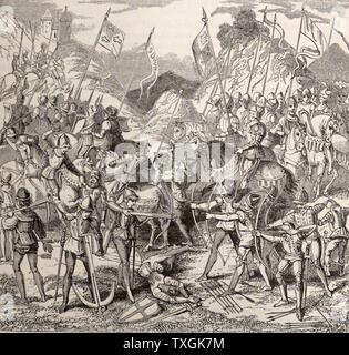 Incisione raffigurante una scena di battaglia di Crécy, durante la fase edoardiana dei cento anni di guerra. Datato xiv secolo Foto Stock