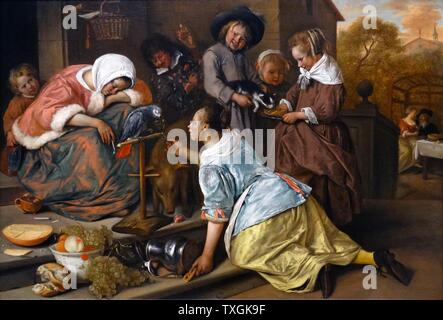 Pittura intitolato "Gli effetti della dissoluzione' da Jan Steen (1626-1679) olandese un pittore di genere. Risalenti al XVII secolo Foto Stock