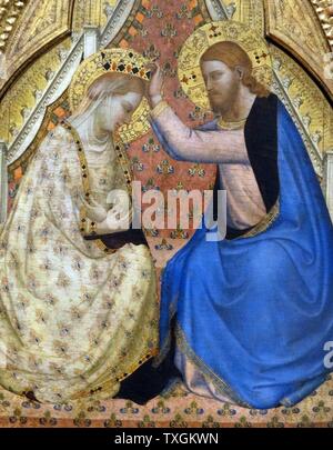 Pittura intitolata 'L'Incoronazione della Vergine" di Bernardo Daddi (1290-1348) un Early Italian Renaissance pittore. Datato xiv secolo Foto Stock