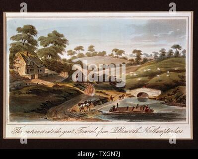 Grand Junction Canal, parte della rete che collega Londra con Midlands città di fabbricazione e con il Liverpool. Barca si avvicina l'ingresso alla grande tunnel dall'estremità Blisworth (Northamptonshire). Il Chief Engineer, William Jessop: ingegnere residente, James Barnes Da J.Hassell " Tour del Grand Junction Canal', London, 1819 Acquatinta. Colore Foto Stock