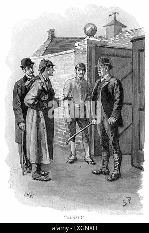 L'avventura di Silver Blaze: l incontro tra la Sila Brown, il trainer che nascondeva il perso delle corse ippiche Silver Blaze e Holmes. Arthur Conan Doyle la storia pubblicata in "The Strand Magazine', London, 1892, illustrato bySidney E. Paget, il primo artista a disegnare Sherlock Holmes. Incisione. Foto Stock