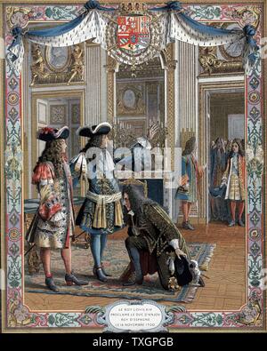 Louis XIV (1638-1715), re di Francia dal 1643, proclamando duc d'Anjou, suo nipote, re di Spagna, 16 novembre 1700. La guerra di successione spagnola. Fine del XIX secolo chromolithograph Foto Stock