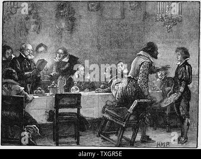 La polvere da sparo complotto cattolico romano di cospirazione per Blow up Case inglesi del Parlamento europeo in data 5 novembre 1605 quando James ho dovuto aprire una nuova sessione. William Parker, Signore Monteagle, ricevere la lettera di avvertimento del complotto. incisione su legno Foto Stock