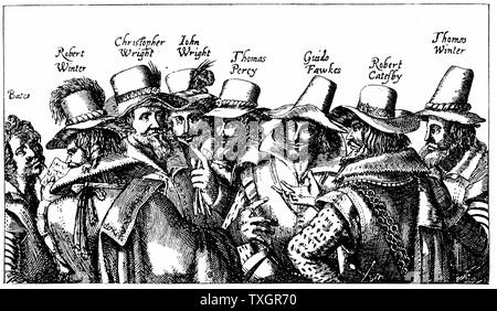 La polvere da sparo complotto cattolico romano di cospirazione per Blow up Case inglesi del Parlamento europeo in data 5 novembre 1605 quando James ho dovuto aprire una nuova sessione. Guy Fawkes, il più noto dei cospiratori, è il terzo da destra. 1605 Francoforte da stampare pubblicato Foto Stock