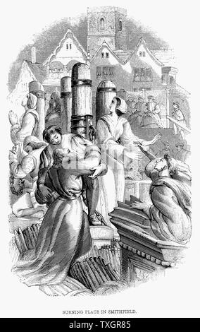 Un sacerdote, 4 laici e 2 donne al rogo a SMITHFIELD, Londra, 27 gennaio 1556, per aver rifiutato di negare la loro fede protestante. Regno di Maria I (Bloody Mary) 1848 incisione su legno Foto Stock