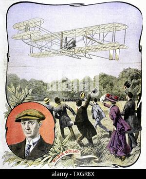 Wilbur Wright's (American aviatore) primo volo in Europa, presso l'autodromo Hunaudieres vicino a Le Mans, in Francia, i fratelli Wright" "Flyer', Agosto 1908 Illustrazione da "Le Petit Journal' Parigi, 30 agosto 1908 Foto Stock