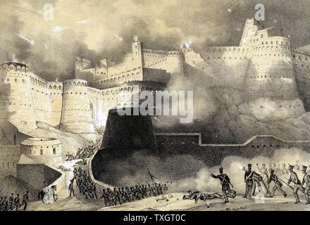 Seconda Guerra Anglo-Afghan 1878-1880: Cattura di Ghunzee da forze britanniche Marzo 1880 litografia colorata Foto Stock