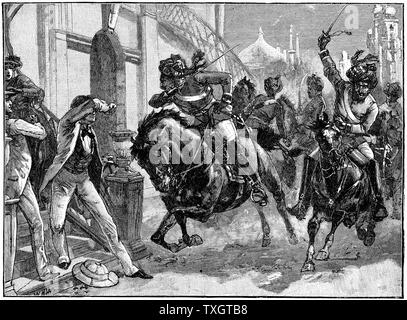 Ammutinamento indiano (Sepoy Mutiny) 1857-1859 : montato Sepoys ribelli la carica attraverso le strade di Delhi Maggio 1857 c1895 incisione Foto Stock