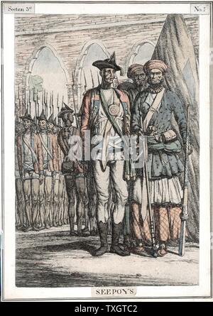 Seypoys, nativo di truppe impiegate da East India Company. È stata la Sepoys che ha iniziato l'Indiano (Sepoy) ammutinamento 1857-59 che ha portato circa il trasferimento del governo da parte della società per la Corona britannica. Xix secolo colorate a mano l'attacco Foto Stock