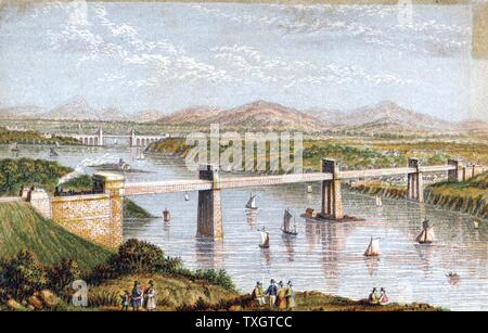 Britannia tubolare di Ponte sullo Stretto di Menai, Galles: Chester e Holyhead ferrovia. Iniziata 1846, aperto il 18 marzo 1850. Ingegnere: Robert Stephenson. Scatola ponte trave. Da un Baxter needlebox Oleograph stampa. Colore Foto Stock