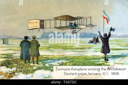 Henri Farman (1874-1958), francese aviatore e costruttore di aeromobili, nel suo Voisin vincente biplanare Arcidiacono Deutsch premio per primo l circolare chilometro di volo, Parigi, 13 gennaio 1908. A partire dalla serie di cartoline postali sulle macchine volanti pubblicato c1910. Chromolithograph. Foto Stock