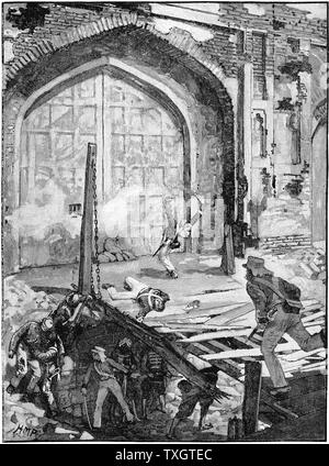 Ammutinamento indiano (Sepoy Mutiny) 1857-1859: assedio di Delhi - ingegneri esplodere il Cashmere porta in modo che il Colonnello Cambell's uomini potrebbero passare nella città, Settembre 1857 c1895 incisione su legno Foto Stock