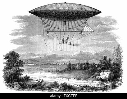 Henri Giffard (1825-1882) vapore alimentato (sterzabile dirigibile) dirigibile durante la sua salita del 25 settembre 1852; a forma di sigaro gasbag da Louis Figuier 'Les Merveilles de la Science' c1870 Incisione Parigi Foto Stock