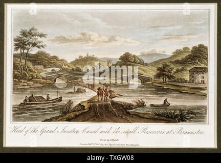 Grand Junction Canal: Testa di canal a Braunston, Northamptonshire, mostra serbatoio piccolo. Parte della rete che collega Londra con Midlands città di fabbricazione e con il Liverpool. Il Chief Engineer: William Jessop, Resident engineer: James Barnes 1819 da J.Hassell " Tour del Grand Junction Canal' Acquatinta Londra Foto Stock