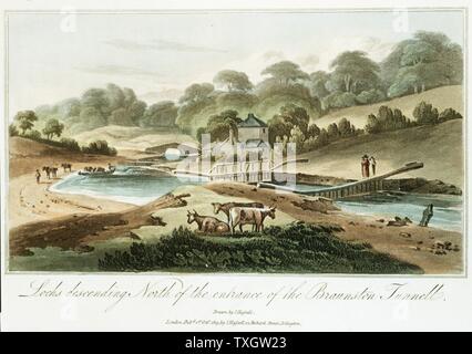 Grand Junction Canal. Pound blocca decrescente per entrata nord del tunnel Braunston, Northampstonshire. Il Chief Engineer, William Jessop: ingegnere residente, James Barnes. Parte della rete che collega Londra con Midlands città di fabbricazione e con Liverpool 1819. Da J Hassel " Tour del Grand Junction Canal' Acquatinta Londra Foto Stock