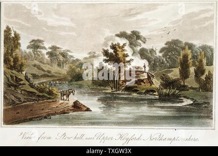Grand Junction Canal da Stow collina vicino Upper Heyford, Northamptonshire. Nel centro è una fornace di calce. Lime importanti per l'agricoltura, l'edilizia (espansione urbana in questo momento e la crescente industria chimica. Grand Junction parte della rete che collega Londra con Midlands città di fabbricazione e con il Liverpool. Il Chief Engineer, William Jessop: ingegnere residente, James Barnes. 1819 Da J.Hassell " Tour del Grand Junction Canal' acquatinta, Londra Foto Stock