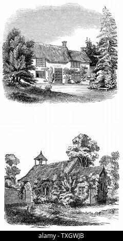 Joseph Addison (1672-1719) inglese saggista, poeta, drammaturgo e uomo politico. Amico di Richard Steele e Jonathan Swift. Addison i natali a Milston vicino a Amesbury, Wiltshire (top); Milston Chiesa dove suo padre era rettore al momento della sua nascita (fondo) 1844 Xilografia Londra Foto Stock