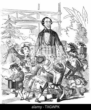 Hans Christian Andersen (1805-75) autore danese, particolarmente ricordato per la sua fiabe Andersen circondato da bambini 10 gennaio 1857 Cartoon da "punzone" celebra la sua visita in Gran Bretagna incisione su legno Londra Foto Stock