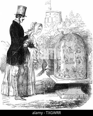 Albert (1819-1861) il principe consorte della regina Victoria, introdotto alveari migliorata in royal apiari, consentendo il miele per essere raccolte e la colonia di api (lavoratori) conservati con appena abbastanza miele di esistere durante l'inverno. 1844 Albert che mostra i suoi alveari per Victoria Cartoon da 'Foratura', equiparando api con sfruttati operai britannici Foto Stock