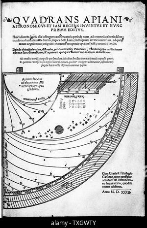 Peter Apian ( Petrus Apiano 1495-1552) matematico e astronomo tedesco. Titolo pagina del suo 'Quadrans Apiani', 1532, mostrando il suo inventato recentemente quadrante Foto Stock