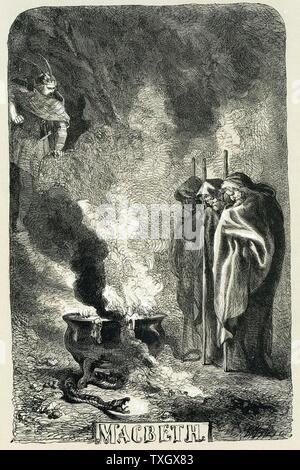 Macbeth visitando le tre streghe sulla eiettato heath pagina titolo da Sir John Gilbert per 'Macbeth' in una edizione di Shakespeare 1858 opere incisione su legno Londra Foto Stock