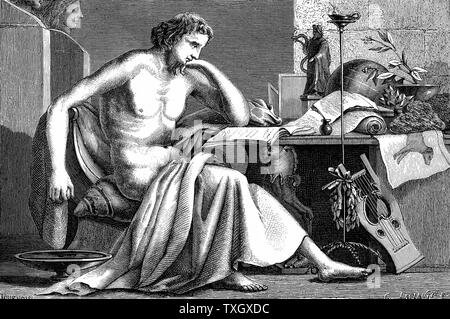 Aristotele (384-322 a.C.) il Greco antico filosofo e scienziato c1886 Aristotele come un giovane uomo nel suo studio dell'artista la ricostruzione incisione su legno Foto Stock