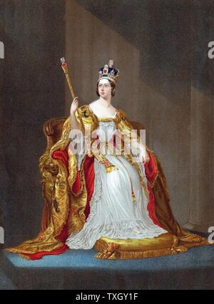 La regina Victoria (1819-1901) la regina del Regno Unito dal 1837, Empress of India dal 1876, incoronato nel 1838. Victoria sul trono in vesti di incoronazione che indossa corona e scettro di contenimento Oleograph Foto Stock
