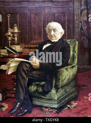 William Ewart Gladstone (1809-98) come un vecchio uomo seduto nel suo studio. Liberale britannico più. Pubblicato Oleograph c1890 Foto Stock