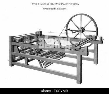 La filatura Jenny - inventato da James Hargreaves (c1720-78) nel 1764. Incisione su rame 1820 Foto Stock