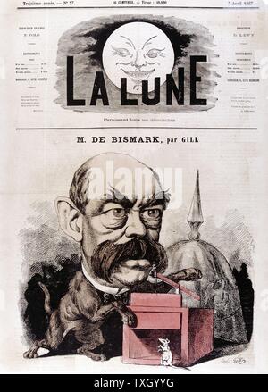 Otto von Bismarck (1815-1904) Prussia (tedesco) più. Il cancelliere del nuovo impero tedesco 1866-90. Gill cartoon pubblicato nel "La Lune" Parigi 1867 mostra Bismarck come cat con mousetrap. Incisione colorata Foto Stock