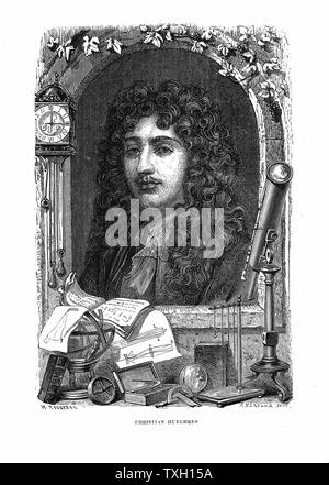 Christiaan Huygens (1629-1695) il fisico olandese. Orologio a pendolo: teoria ondulatoria della luce. Testa e spalle incisione verticale circondata da orologio a pendolo e vari strumenti scientifici e schemi ottici. Incisione c1870 Foto Stock