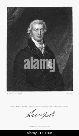 Robert Banks Jenkinson, Conte di Liverpool (1770-1828) statista britannico. Il primo ministro dal 1812 per quasi quindici anni. Incisione. Foto Stock