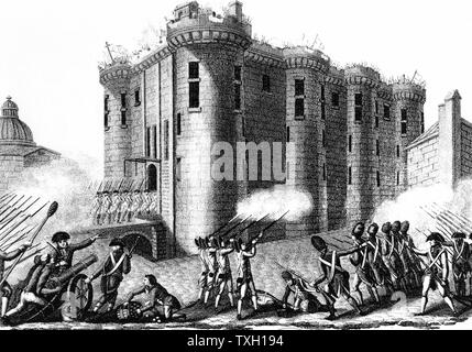 Storming della Bastille dai parigini portato dalle guardie granatieri 14 luglio 1789. Incisione del 1804 Foto Stock