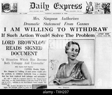 Onorevole Simpson offre a "ritirarsi", 8 dicembre 1936. Articolo sulla pagina anteriore del 'Daily Express' su American socialite Wallis Simpson (1896-1986). Onorevole Simpson il rapporto con King Edward VIII (1894-1972) ha poi portato alla sua abdicazione. Foto Stock