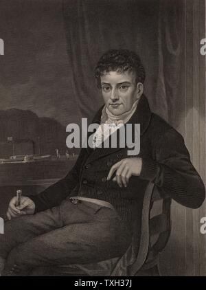 Robert Fulton (1765-1815) American ingegnere e inventore nato a Lancaster County, Pennsylvania. Il suo steamboat 'Clermont' realizzato con successo un viaggio sul fiume Hudson da New York a Albany il 14 agosto 1807, annunciano l'inizio del piroscafo commerciale del traffico. Incisione. Foto Stock