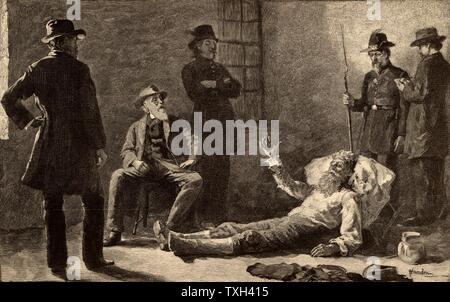 John Brown (1800-1859) abolizionista americano. Brown catturati nella casa del motore dopo il suo raid di guerriglia in armeria a Harper's Ferry, 18 ottobre 1859. Brown è stato dichiarato colpevole di tradimento. Impiccato il 2 dicembre 1859. Incisione da "Il Secolo Magazine' (New York, 1883). Foto Stock