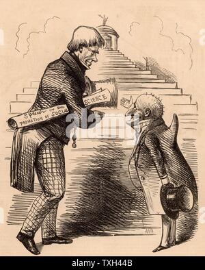 Henry Peter Brougham, Barone Brougham e Vaux (1778-1868). Scottish-nato avvocato e politico. Ha difeso la regina Carolina a suo giudizio (1820) . Ha lavorato per la creazione dell Università di Londra, la prima meccanica' Istituto e la Società per la diffusione di conoscenze utili ed era un fondatore della scienza sociale Association (1857). In Parlamento ha contribuito a portare la riforma di legge e ha introdotto riforme giuridiche. Il Tempio di fama: Signor Punch accogliente Signore Brougham che è il suo modo di fare un discorso di promozione sociale della scienza. Cartone animato da "punzone" (Londra, 23 ottobre 1858). Foto Stock