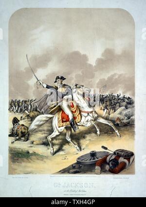 La guerra anglo-americano 1812-1815 (guerra del 1812): Generale Andrew Jackson alla battaglia di New Orleans 8 gennaio 1815, montato sul cavallo bianco, portando le forze americane alla vittoria litografia Foto Stock
