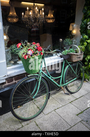 Un vecchio vintage bike visualizzazione ceste di fiori al di fuori di un negozio di antiquariato in Gran Bretagna. Foto Stock