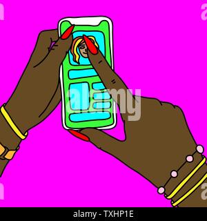 Mani con lunghe unghie rosse tenendo lo smartphone. Donna texting sketch. Ragazza invia i messaggi. Illustrazione Vettoriale. Illustrazione Vettoriale