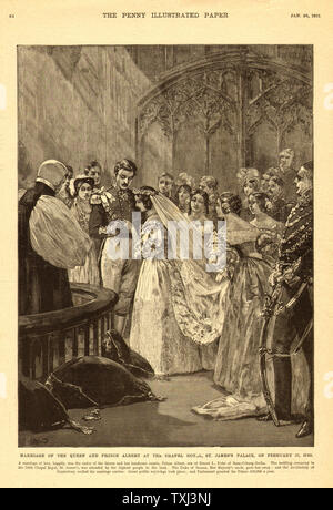 1901 Penny illustrato illustrazione della carta della Regina Vittoria e il Principe Alberto wedding 1840 Foto Stock