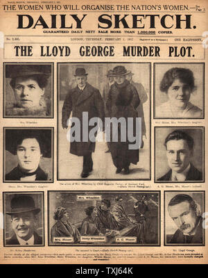 1917 Daily Sketch pagina anteriore reporting PM Lloyd George omicidio Trama & Trial Foto Stock