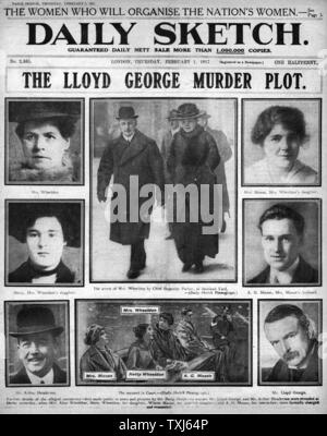 1917 Daily Sketch pagina anteriore reporting PM Lloyd George omicidio Trama & Trial Foto Stock