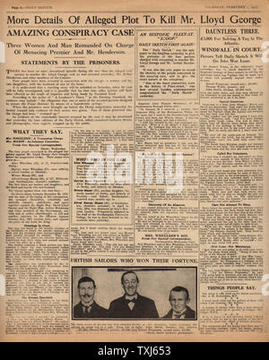 1917 Daily Sketch pagina anteriore reporting PM Lloyd George omicidio Trama & Trial Foto Stock