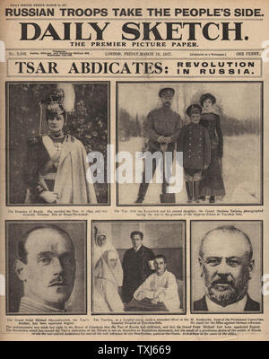 1917 Daily Sketch pagina anteriore reporting rivoluzione russa e abdicazione del Tsar Foto Stock