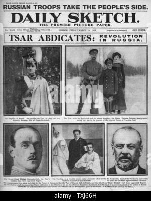 1917 Daily Sketch pagina anteriore reporting rivoluzione russa e abdicazione del Tsar Foto Stock